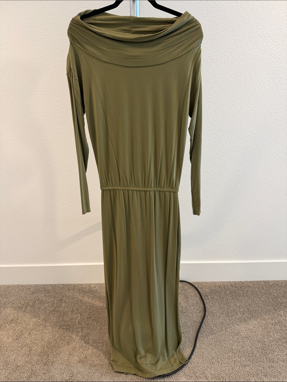 DKNY Olive Green Off-Shoulder Long Sleeve Maxi Dress
